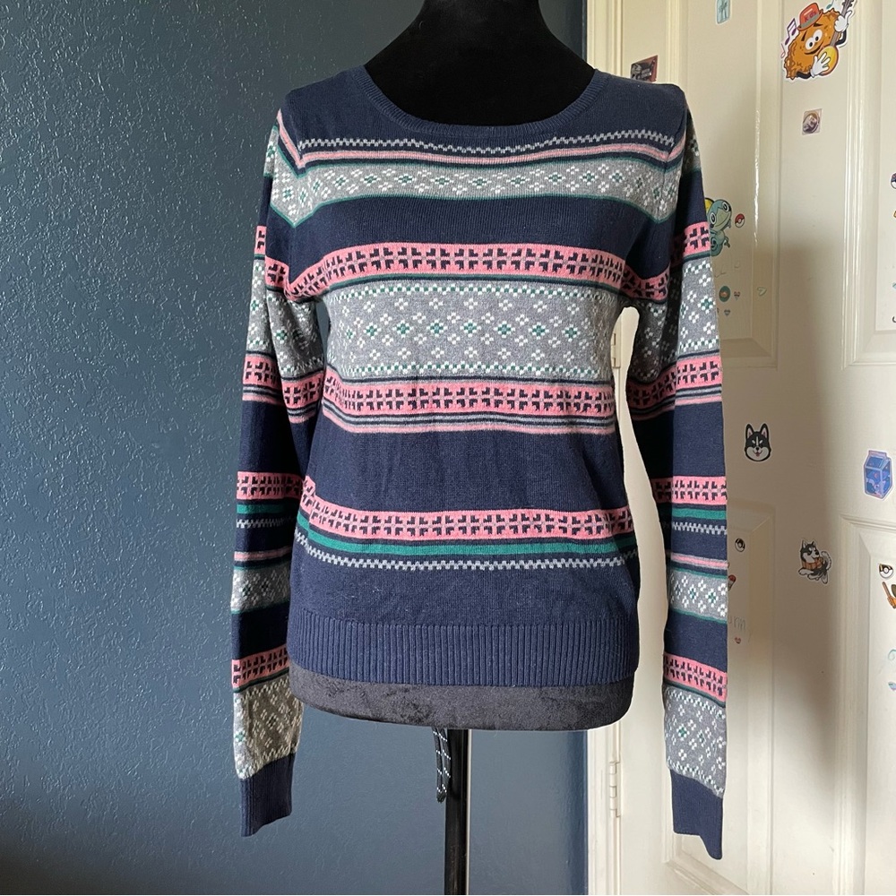 Prince & Fox Blue and Pink Crew Neck Sweater with Geometric Patterns